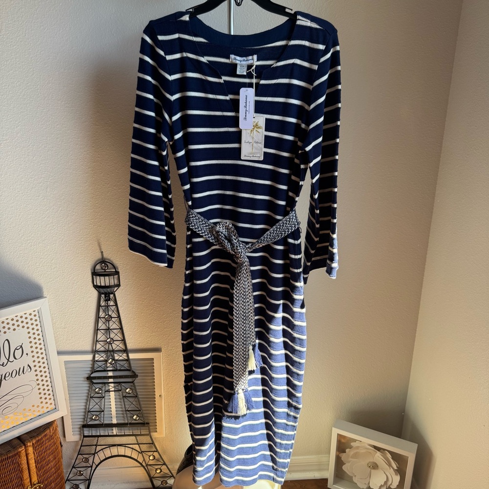 NWT Tommy Bahama Sun Harbor Caftan V-Neck 3/4 Sleeve Tassel Self-Tie Midi Dress - Picture 4 of 9